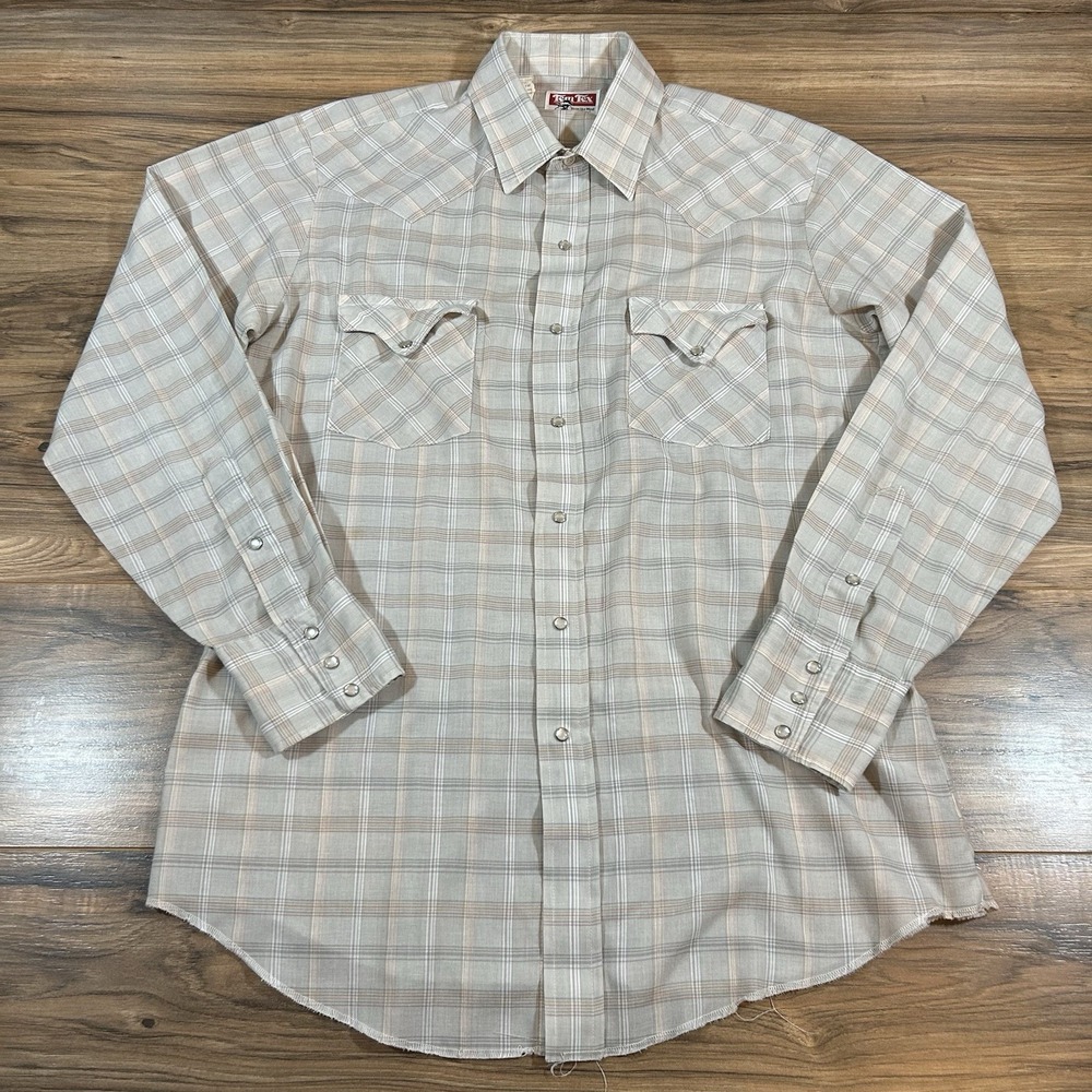 VTG Tem Tex LG 16 35 |Grey| Long Sleeve Pearl Snap Western Shirt Made In USA